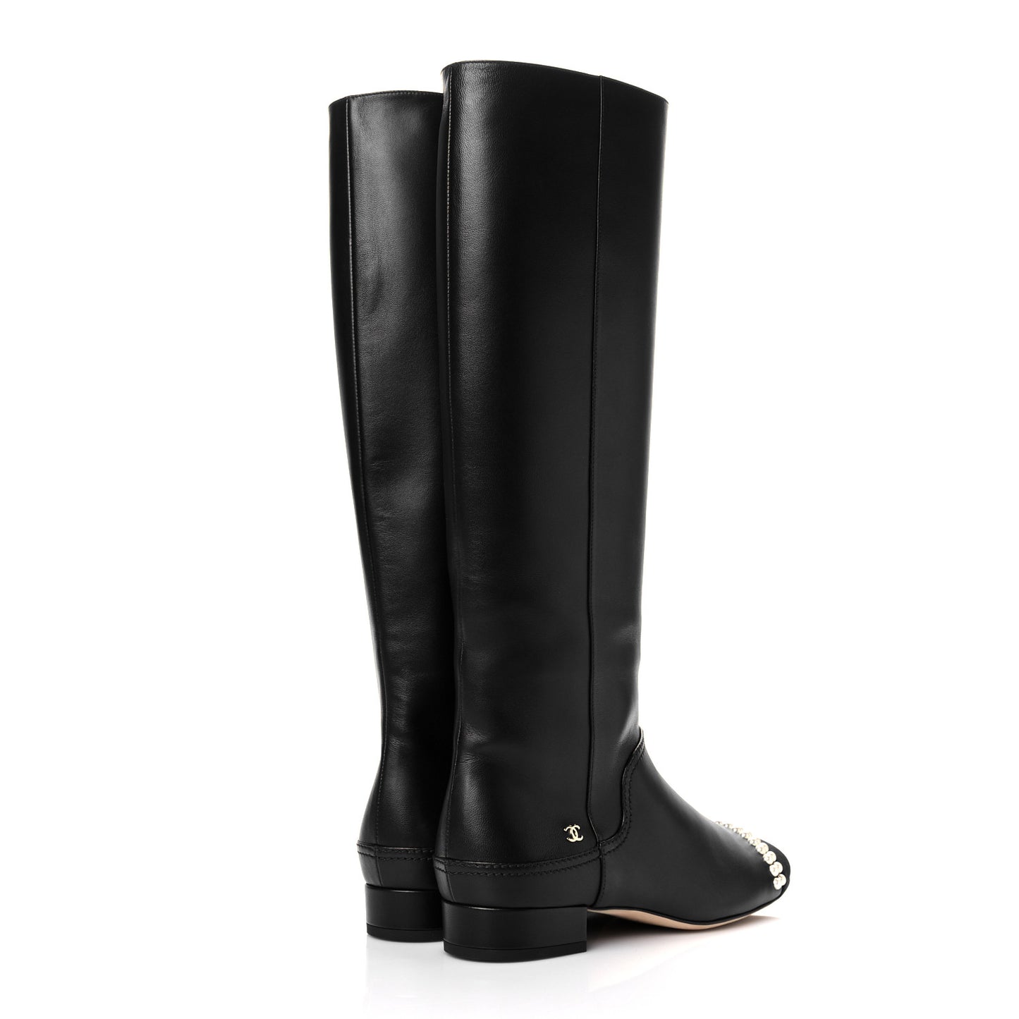 Calfskin Grosgrain Pearl Cap Toe High Boots 38 Black