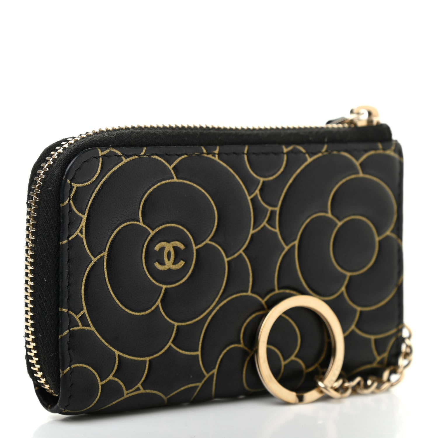 Chanel Lambskin Camellia Embossed Key Holder Case Black Gold 3 of 7