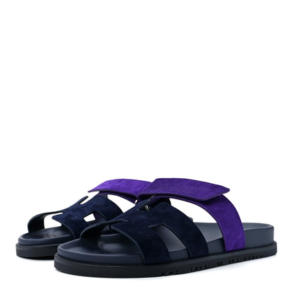 Hermes Suede Goatskin Womens Chypre Sandals 38.5 Marine Violet Majorette 3 of 10