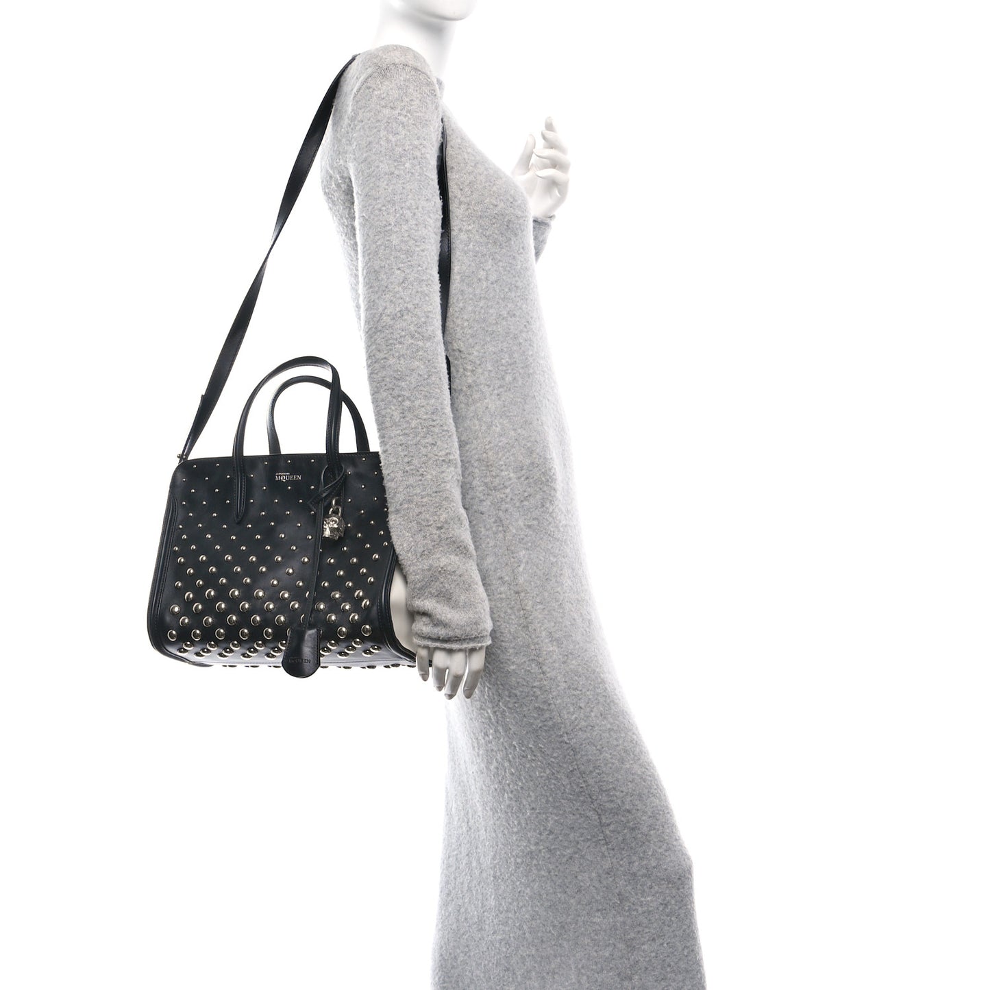 Calfskin Small Studded Padlock Zip Around Tote Black White