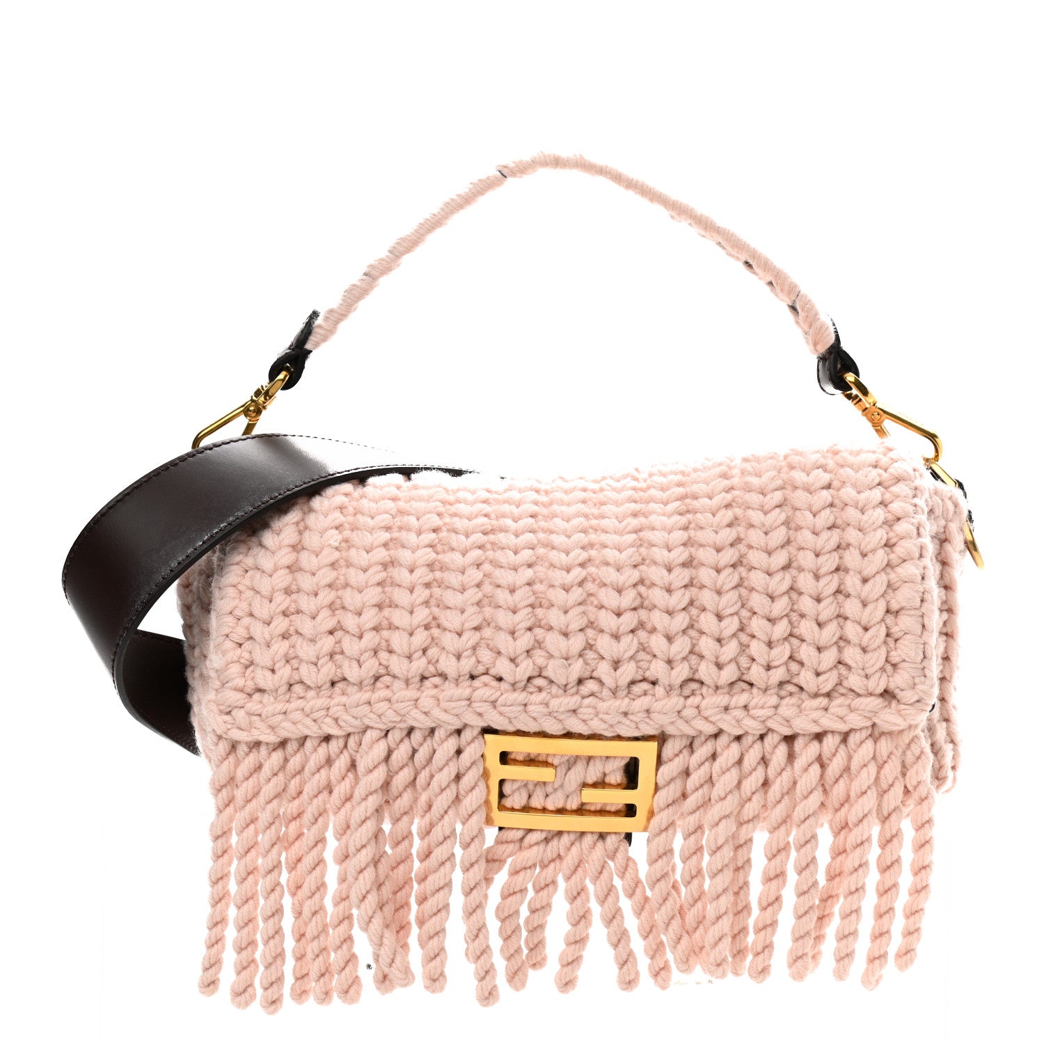 Fendi Wool Vitello Seta Woven Fringe Baguette Rosa Quarzo Ebano 1 of 9
