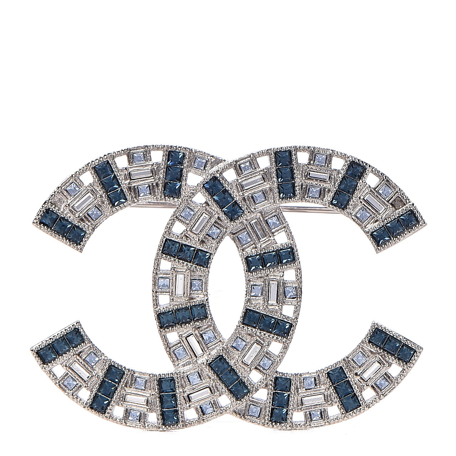 Chanel Baguette Crystal CC Brooch Silver Blue 1 of 4