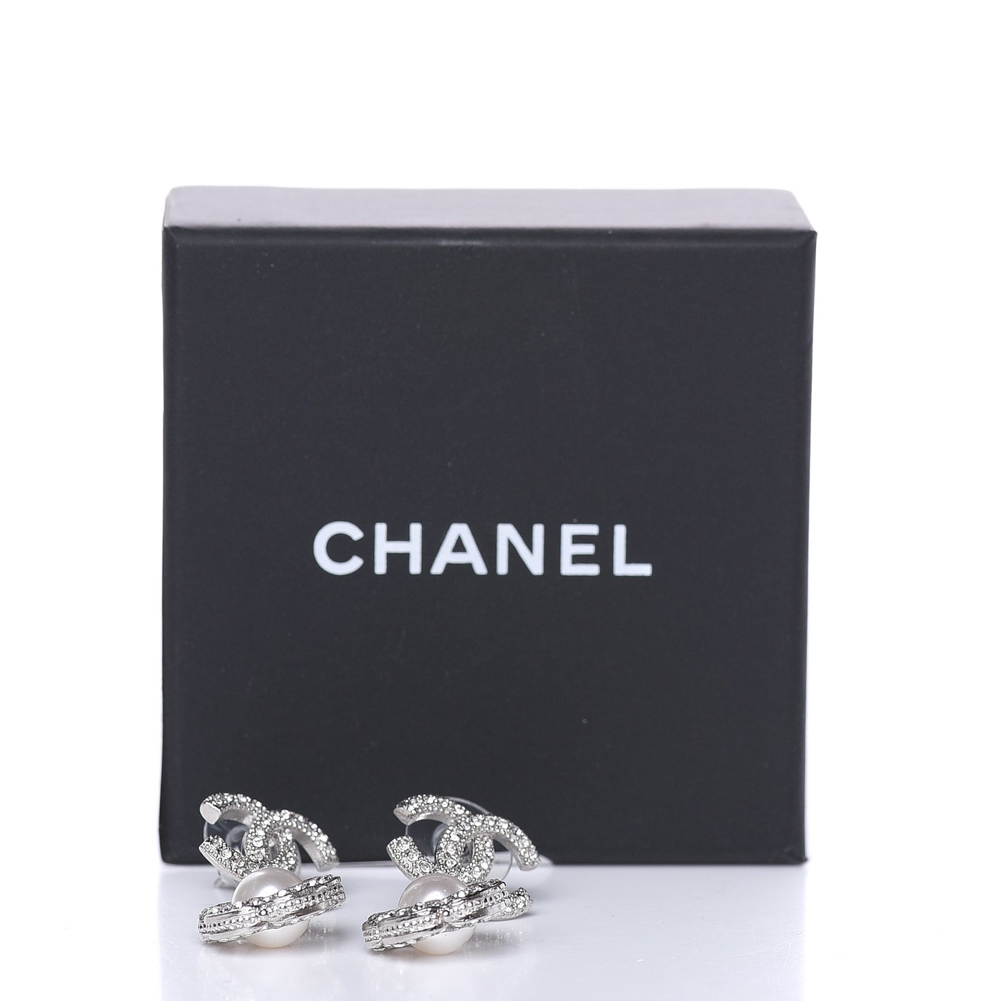 Crystal Pearl Camellia CC Coco Flapper Drop Earrings Silver