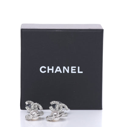 Chanel Crystal Pearl Camellia CC Coco Flapper Drop Earrings Silver 5 of 5