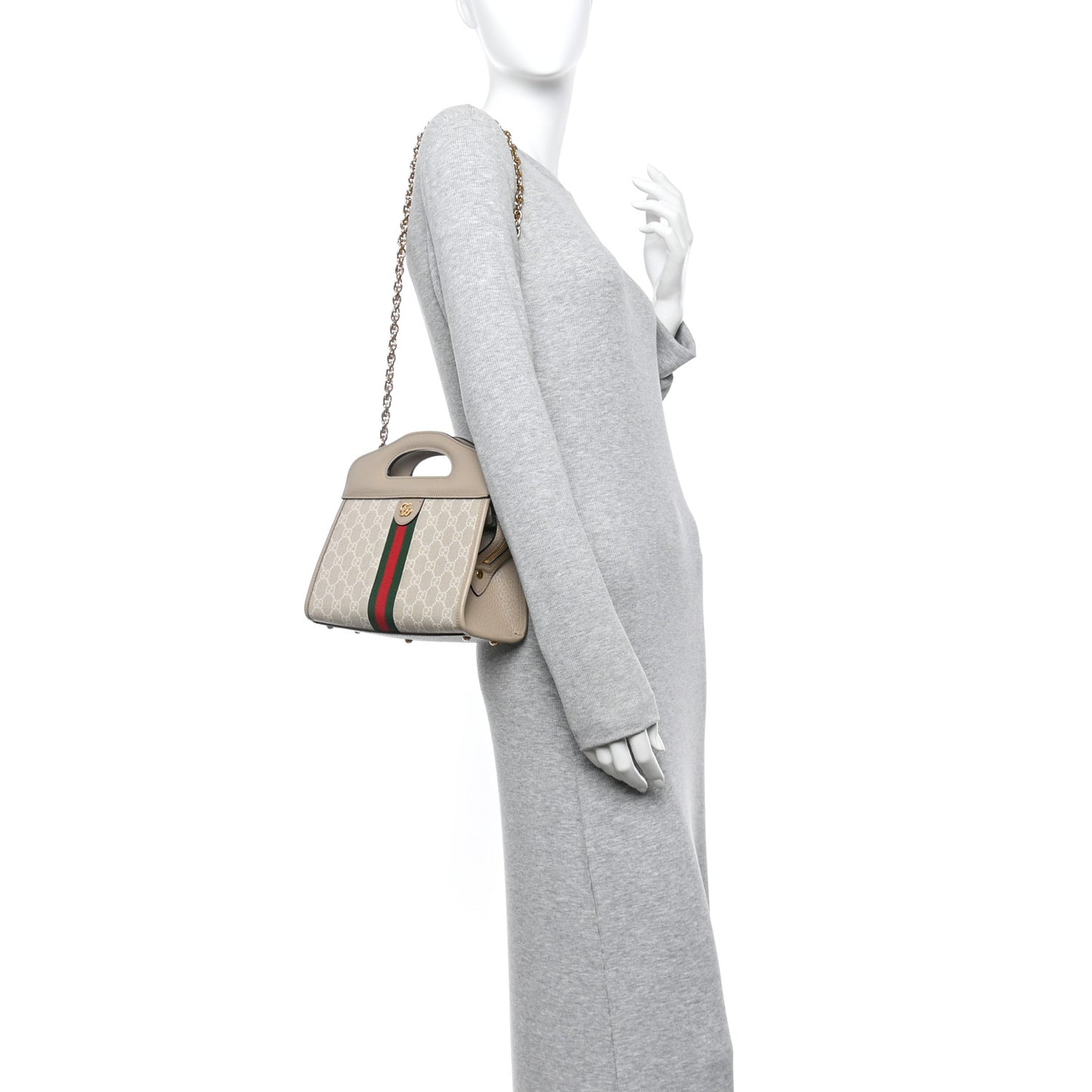 GG Supreme Monogram Textured Dollar Calfskin Web Small Ophidia Slip Handle Tote Beige Mystic White Oatmeal