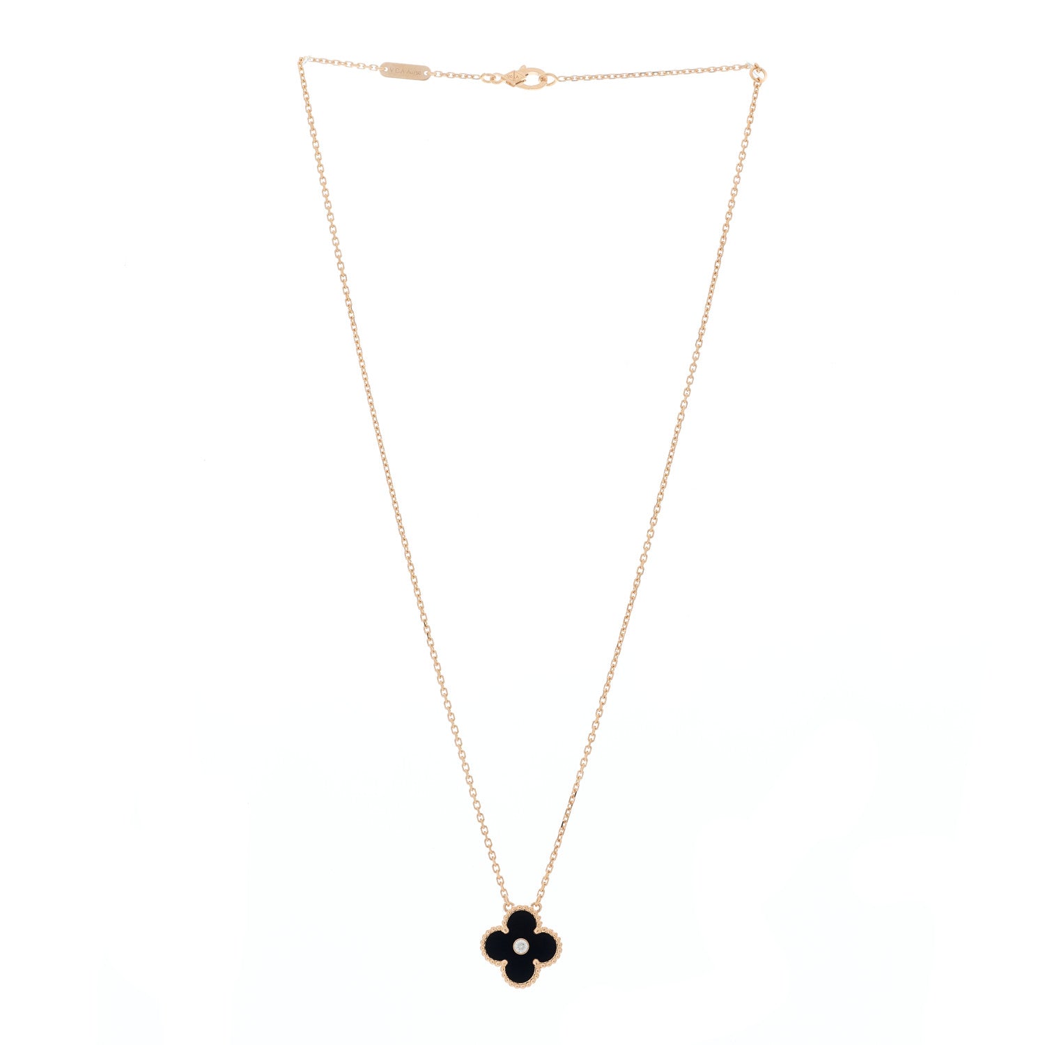 Van Cleef & Arpels 18K Rose Gold Diamond Black Onyx Vintage Alhambra Pendant Necklace 3 of 5