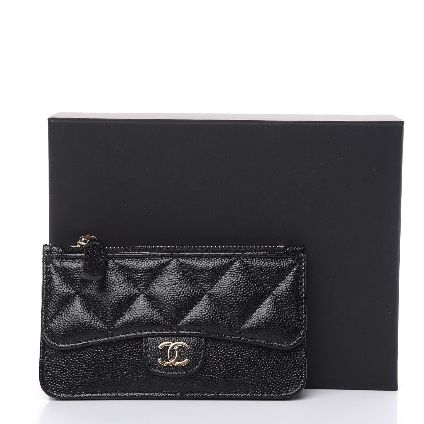 Caviar Quilted Flap Zip Card Holder Black