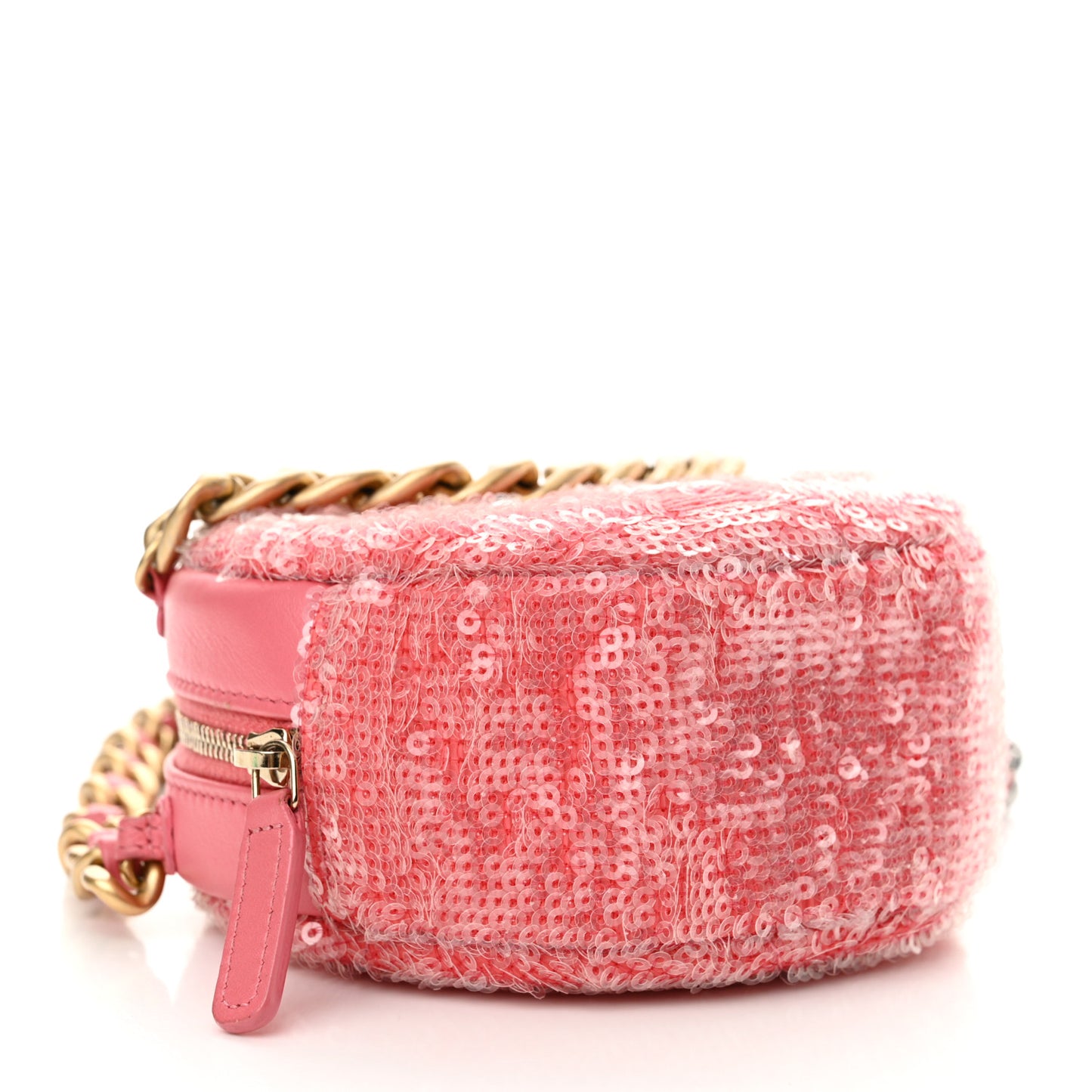 Sequin Chanel 19 Round Clutch With Chain Coral
