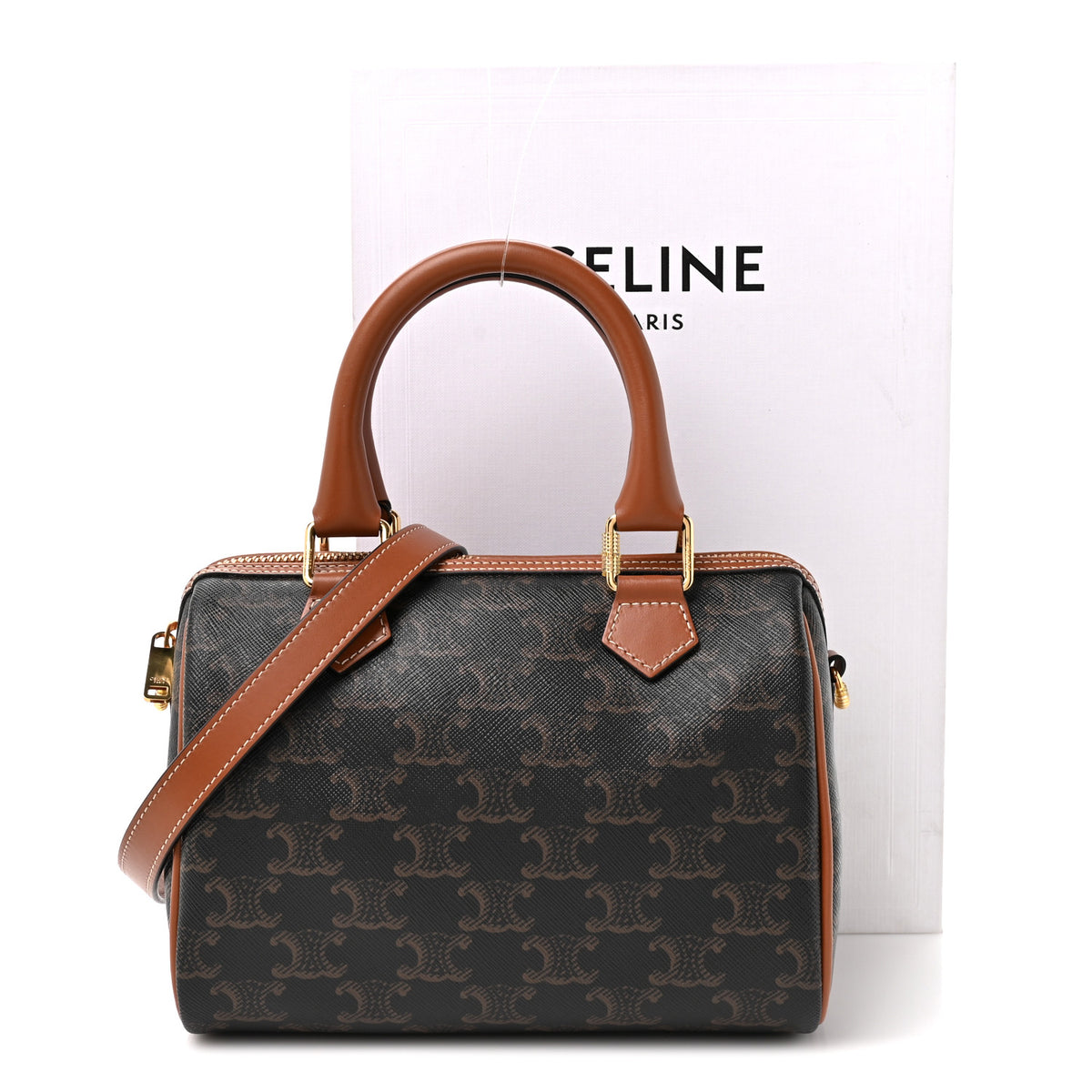 Celine Triomphe Canvas Calfskin Small Boston Bag Tan 10 of 10