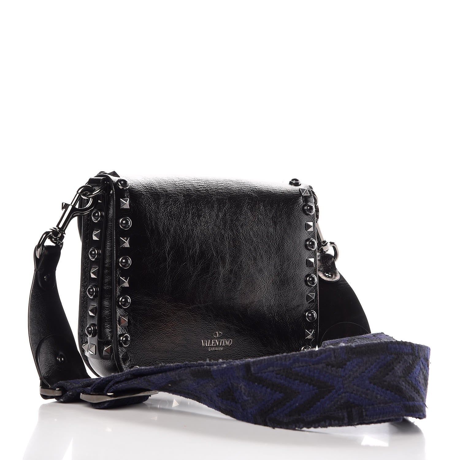 Valentino Garavani Craquele Calfskin Guitar Strap Rockstud Rolling Shoulder Flap Messenger Bag Black 3 of 25