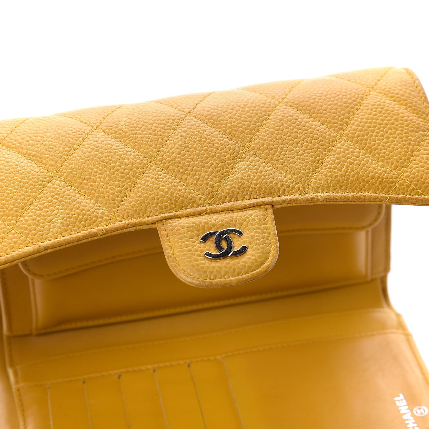 Iridescent Caviar Quilted Large Flap Wallet Yellow