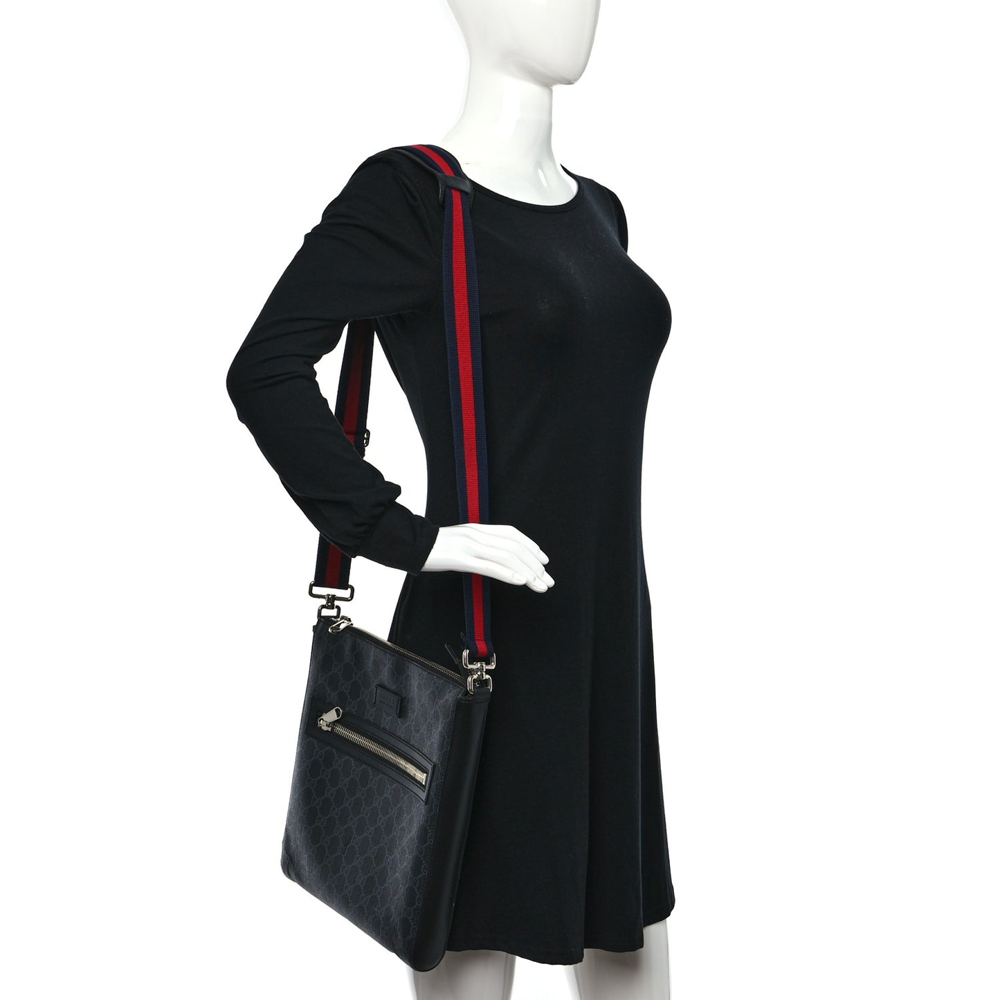 GG Supreme Monogram Appia Calfskin Web Flat Messenger Bag Black Grey
