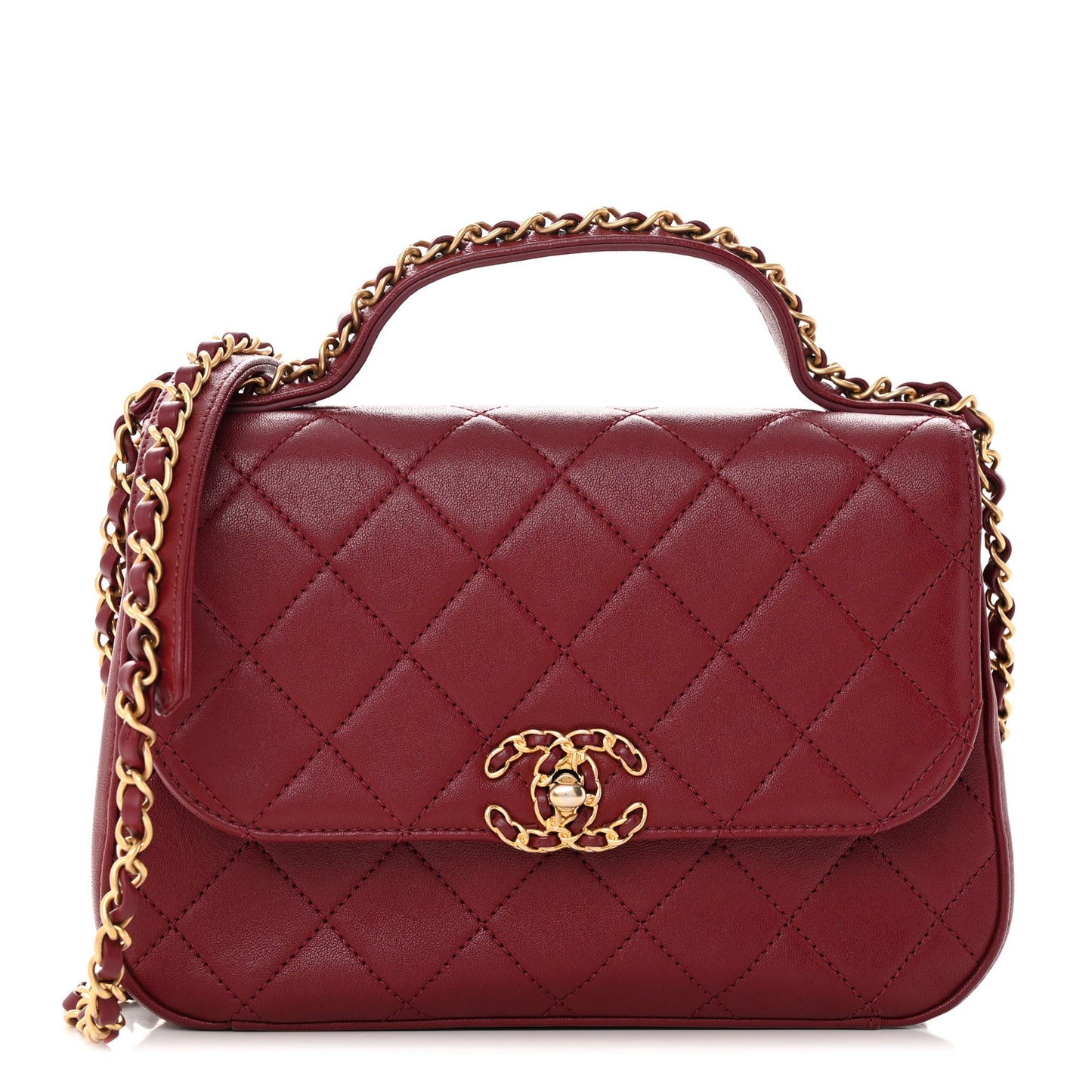 Lambskin Quilted Chain Infinity Top Handle Flap Burgundy
