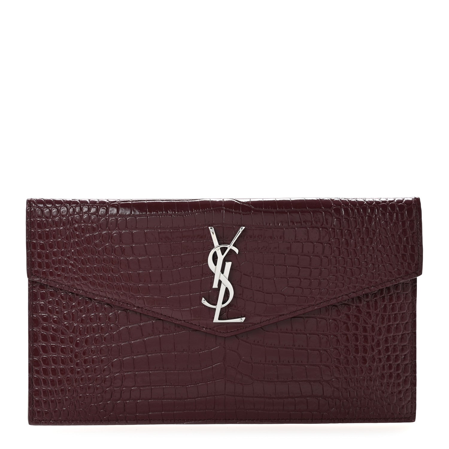 Saint Laurent Calfskin Crocodile Embossed Uptown Monogram Clutch Rouge Legion 1 of 12