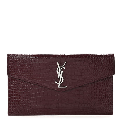Saint Laurent Calfskin Crocodile Embossed Uptown Monogram Clutch Rouge Legion 1 of 12