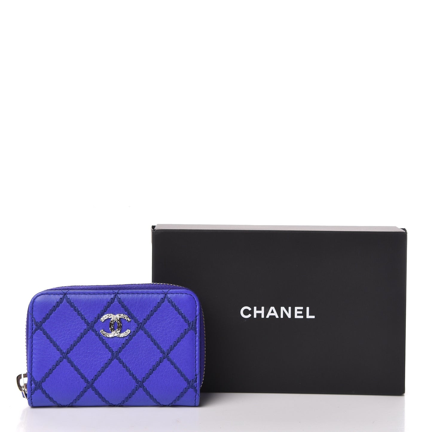 Calfskin Stitched Fancy CC Zip Coin Purse Blue