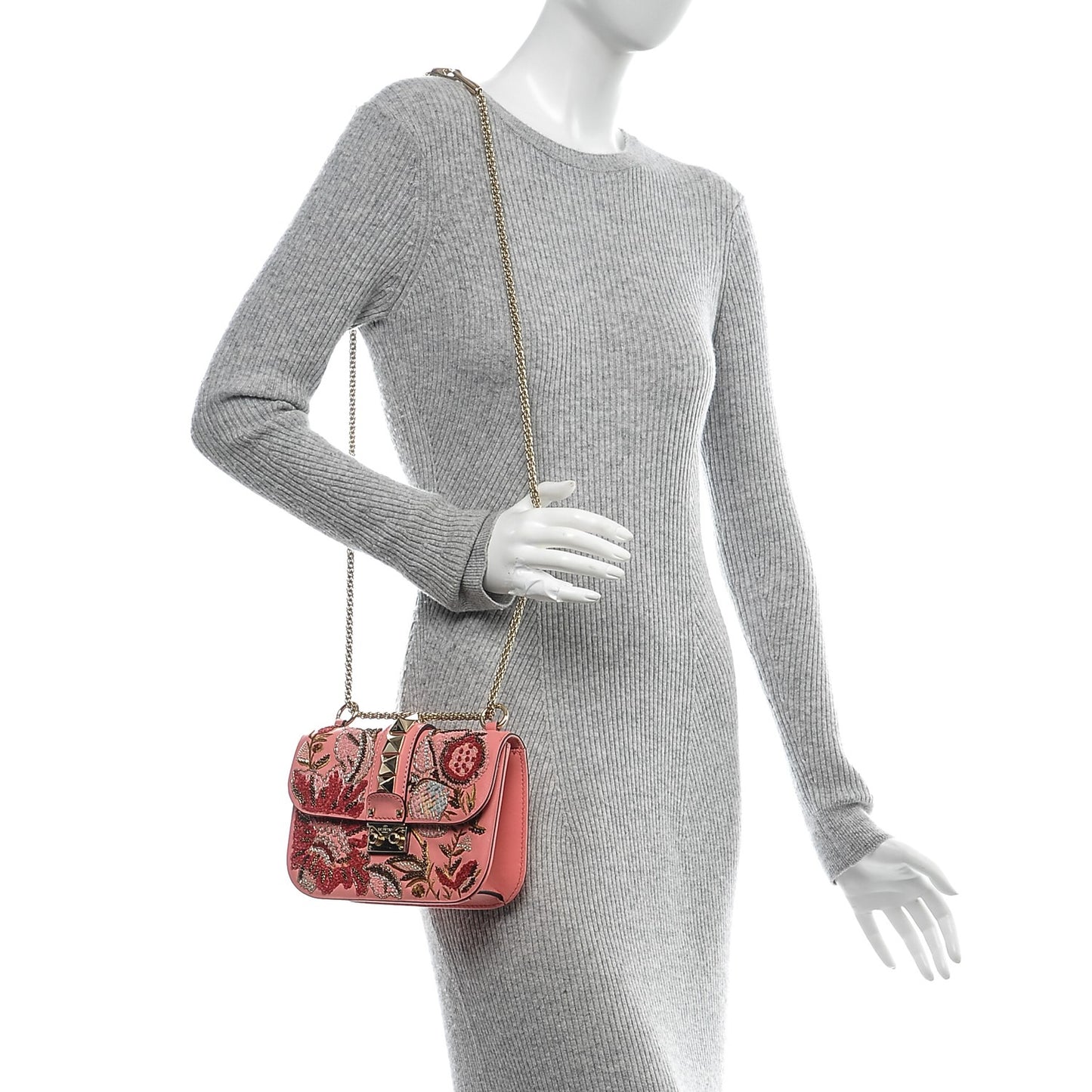 Vitello Embroidered Small Glam Lock Rockstud Flap Paradise Rose