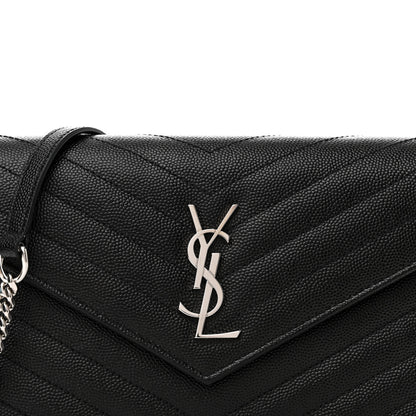 Saint Laurent Grain De Poudre Matelasse Chevron Monogram Envelope Chain Wallet Black 8 of 11