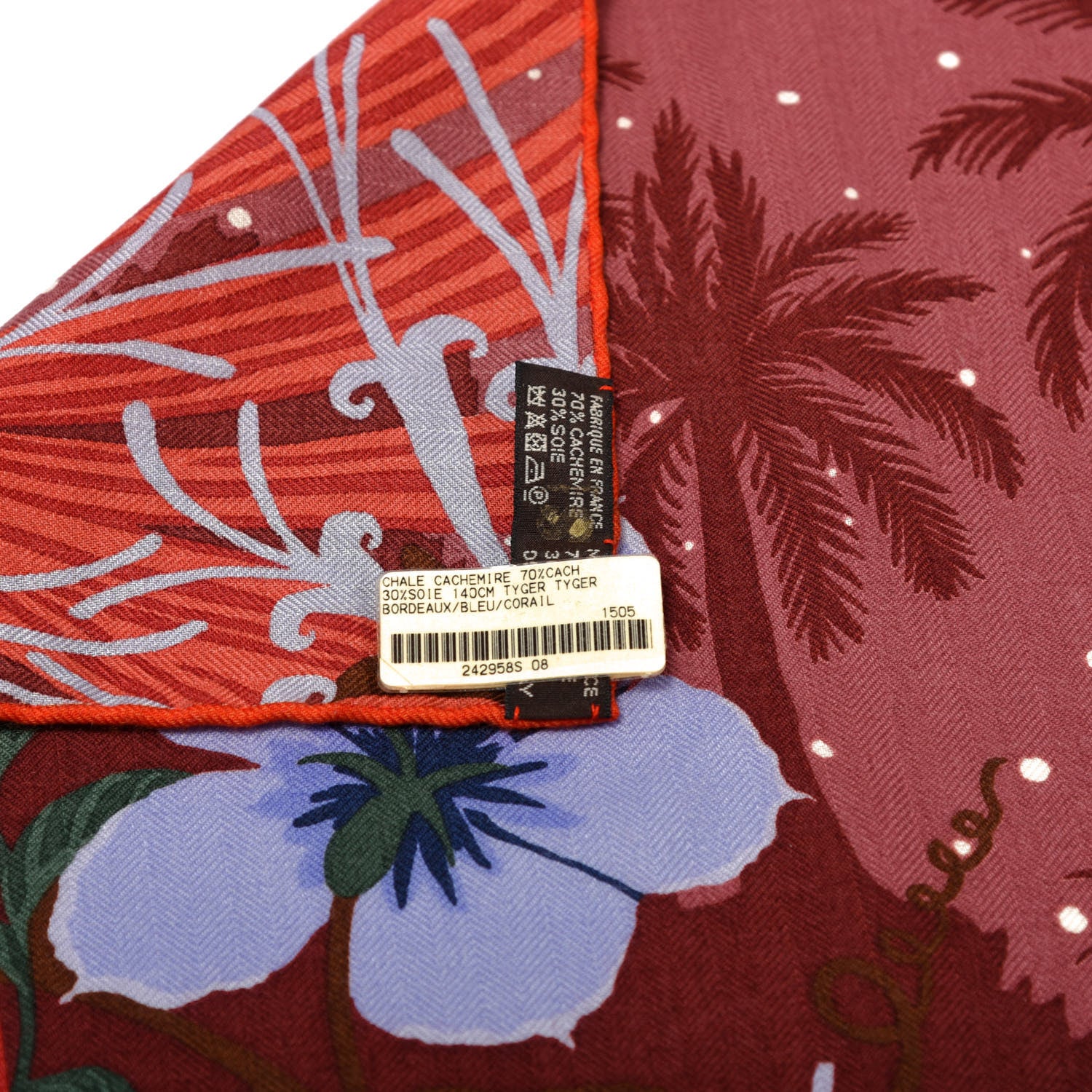 Hermes Cashmere Silk Tyger Tyger Shawl 140 Bordeaux Bleu Corail 2 of 6