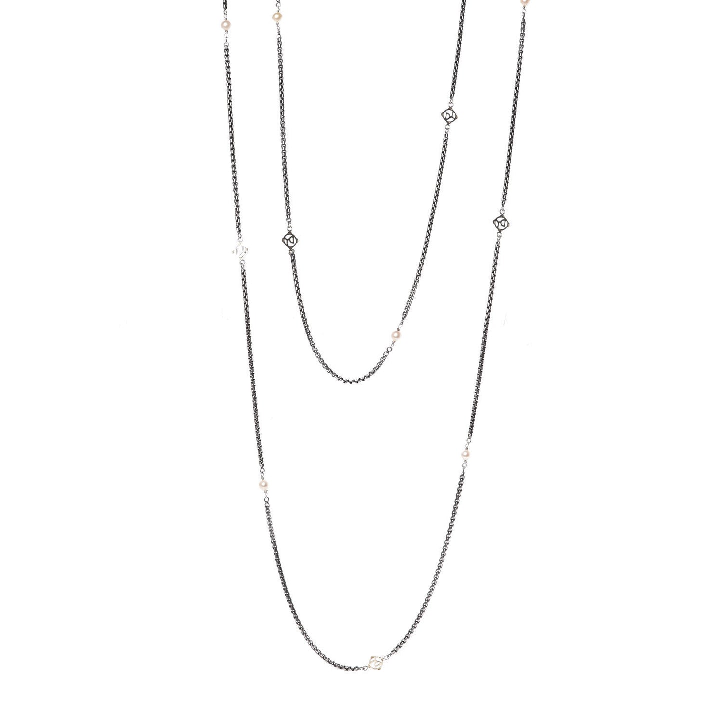 Sterling Silver 14K Yellow Gold Pearl Logo Station Necklace 72"