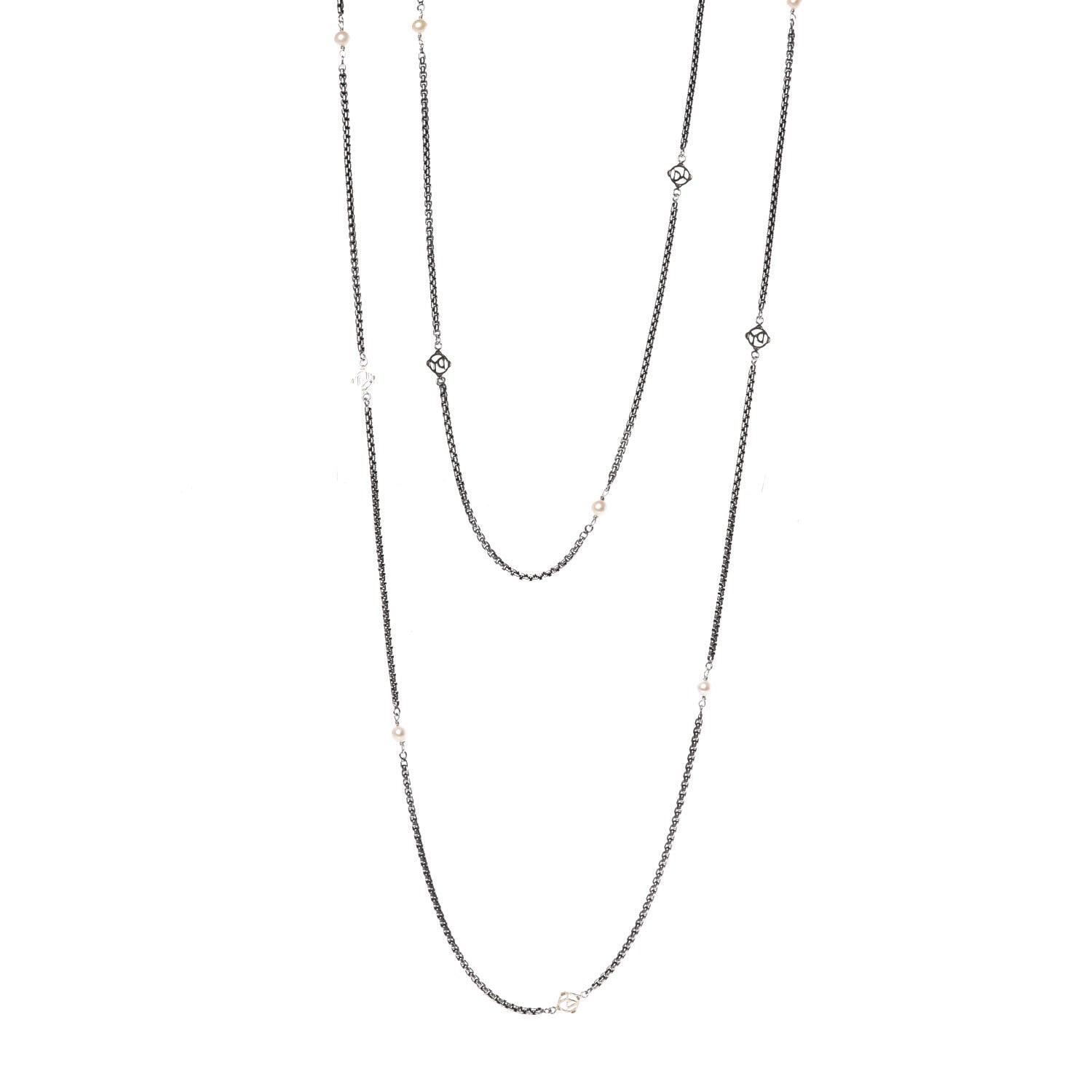 David Yurman Sterling Silver 14K Yellow Gold Pearl Logo Station Necklace 72" 1 of 4