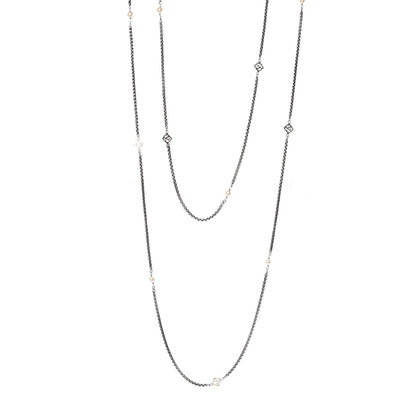David Yurman Sterling Silver 14K Yellow Gold Pearl Logo Station Necklace 72" 1 of 4