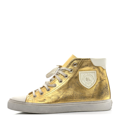 Saint Laurent Distressed Calfskin Bedford Logo-Appliqued Hightop Sneakers 38 Gold Cream White 1 of 10