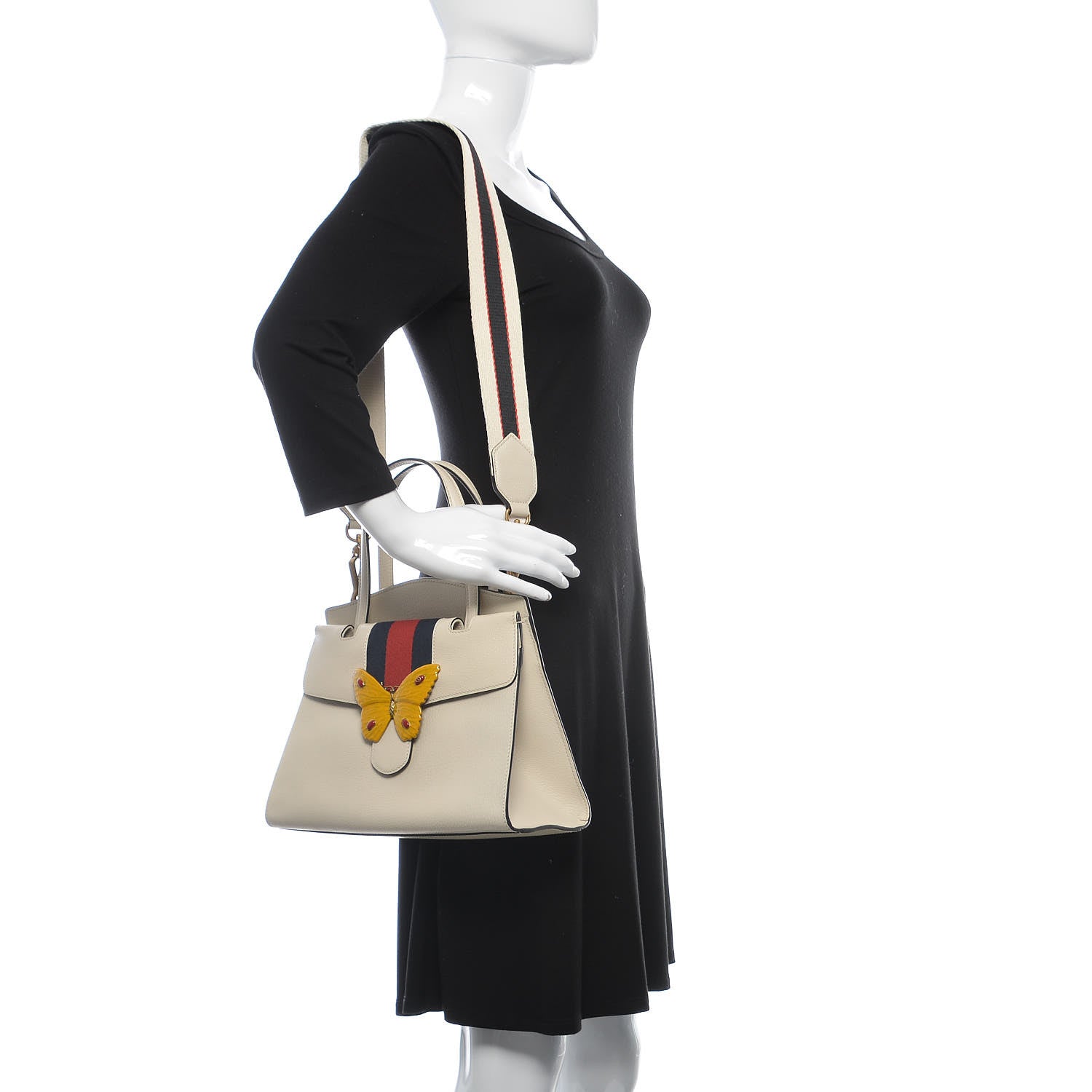Gucci Grained Calfskin Web Stripe Butterfly Medium Totem Top Handle Bag White 2 of 9