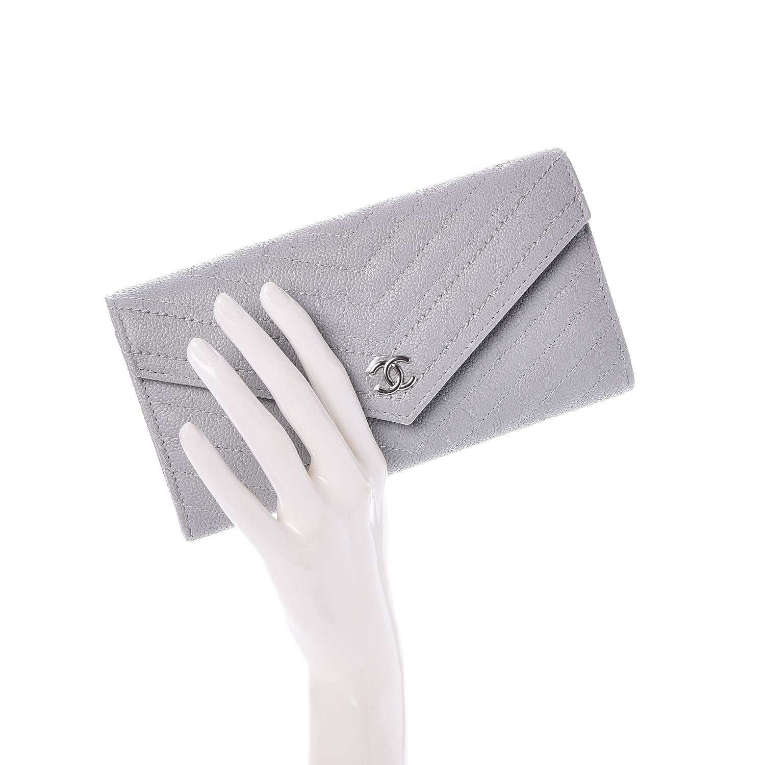 Chanel Caviar Chevron Quilted Large Gusset Flap Wallet Grey 2 of 9