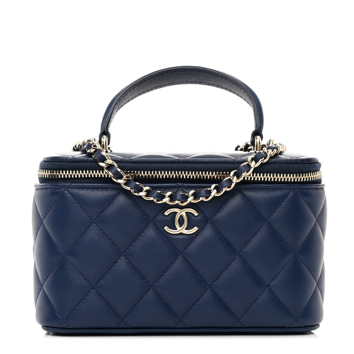 Lambskin Quilted Small Top Handle Vanity Case With Chain Navy