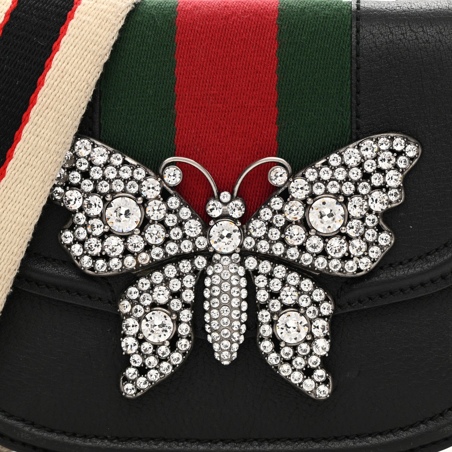 Gucci Calfskin Web Crystal Butterfly Stripe Small Totem Shoulder Bag Black 9 of 16