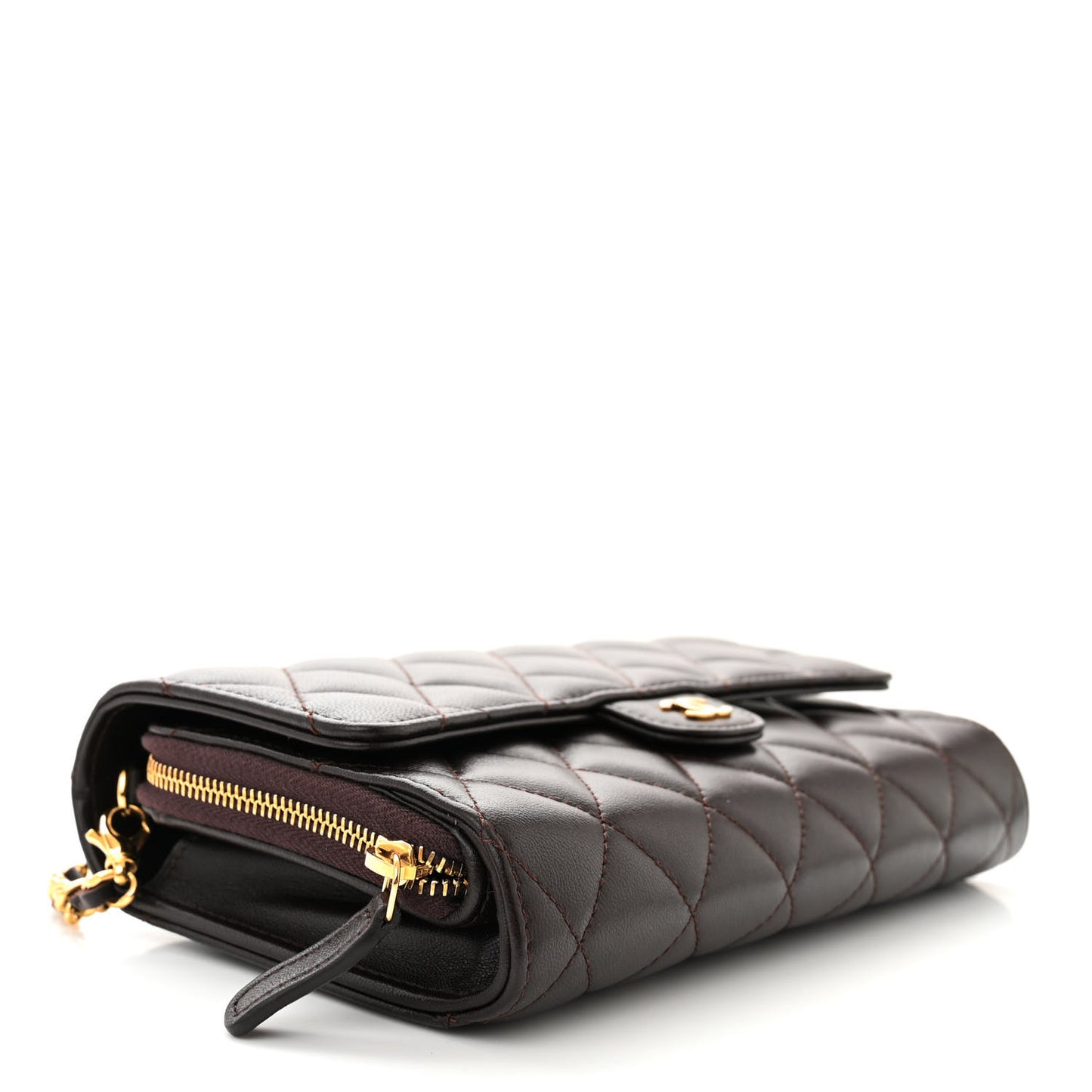 Lambskin Quilted Phone Holder Wallet on Removable Chain Brown