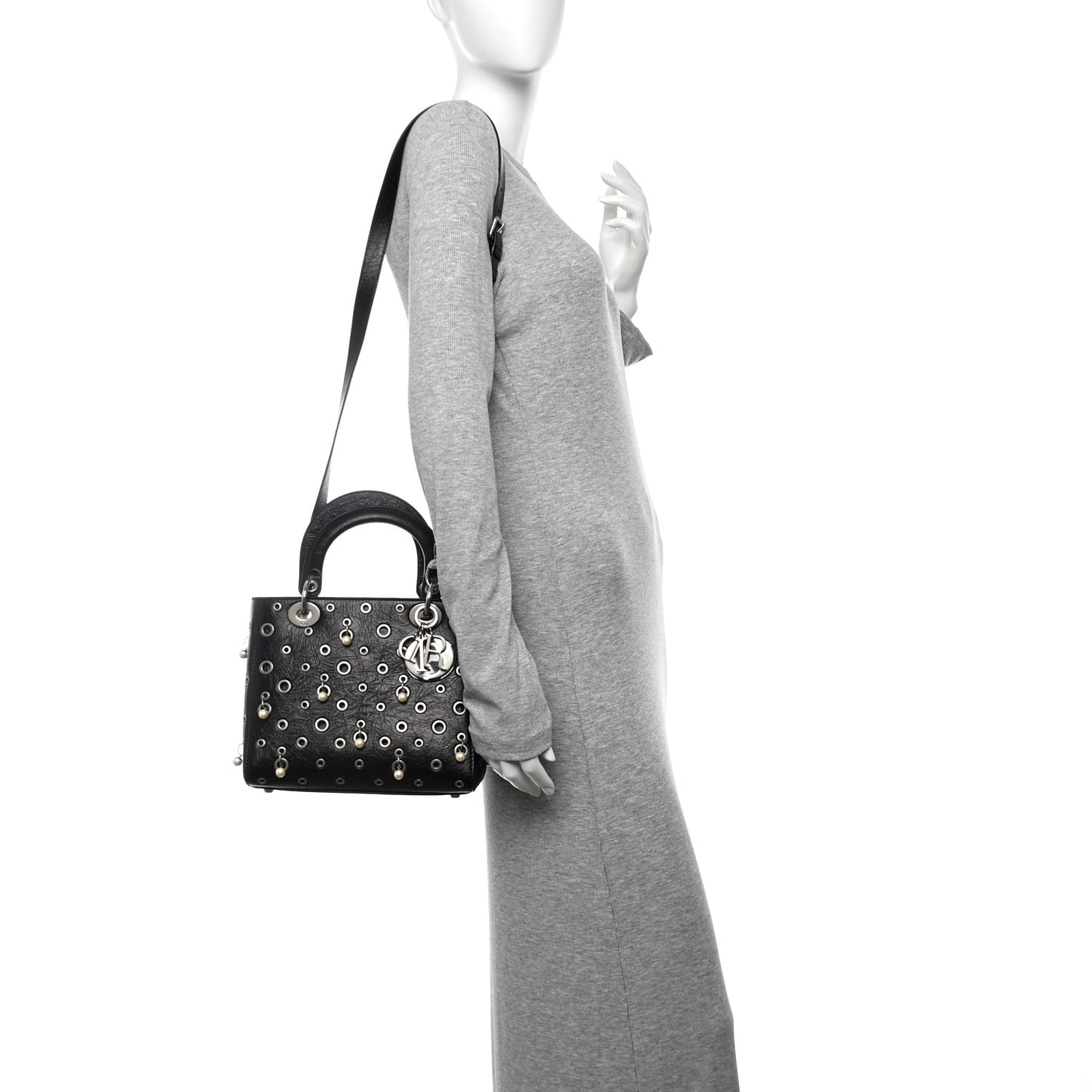 Crinkled Calfskin Studded Pearls Medium Lady Dior Black