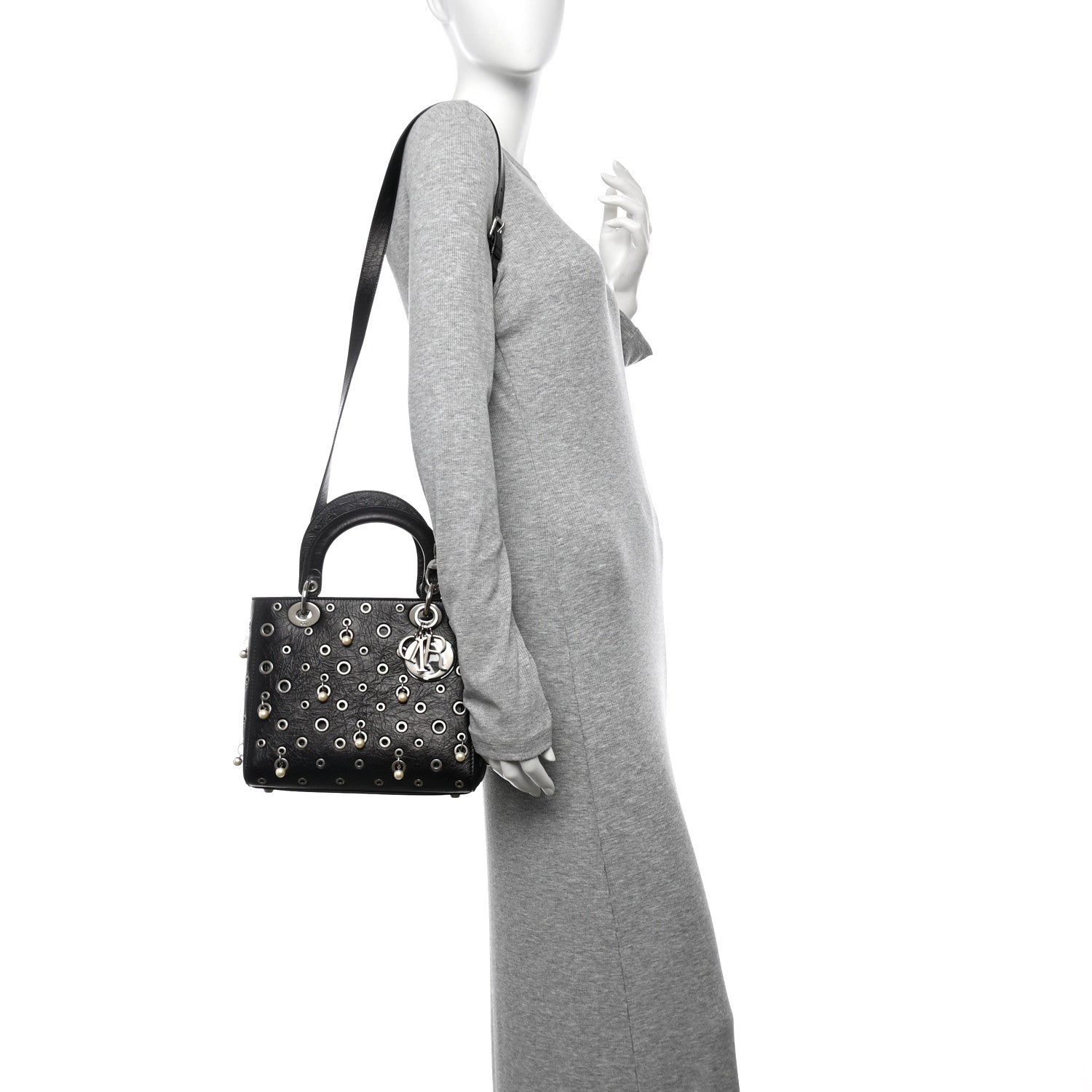 Christian Dior Crinkled Calfskin Studded Pearls Medium Lady Dior Black 2 of 10