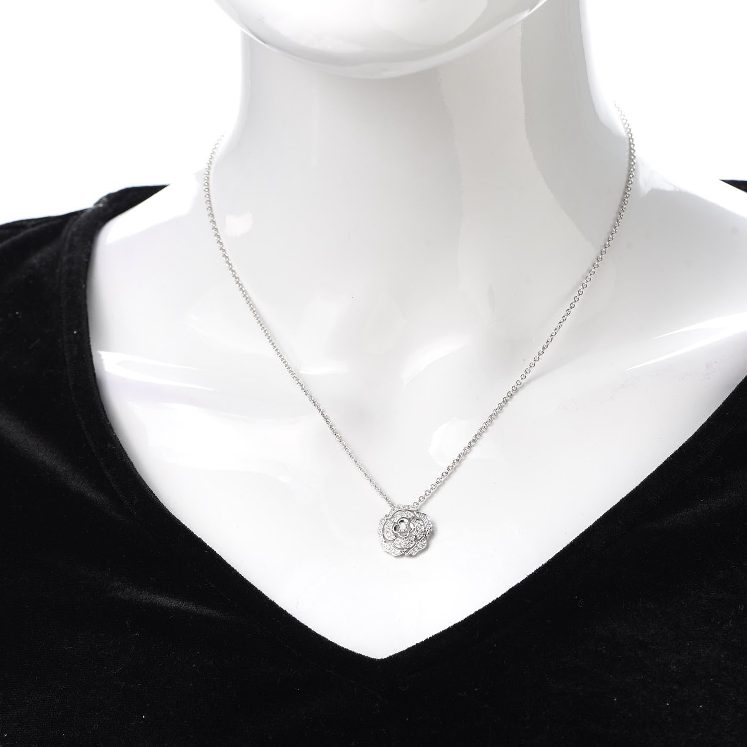 Chanel 18K White Gold Diamond Bouton de Camelia Pendant Necklace 2 of 6