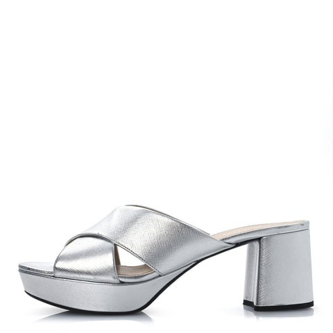 Metallic Saffiano Crisscross Platform Sandals 41 Silver