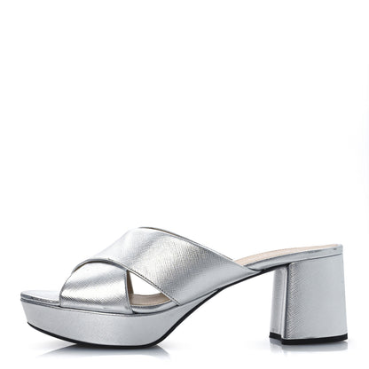 Prada Metallic Saffiano Crisscross Platform Sandals 41 Silver 1 of 16