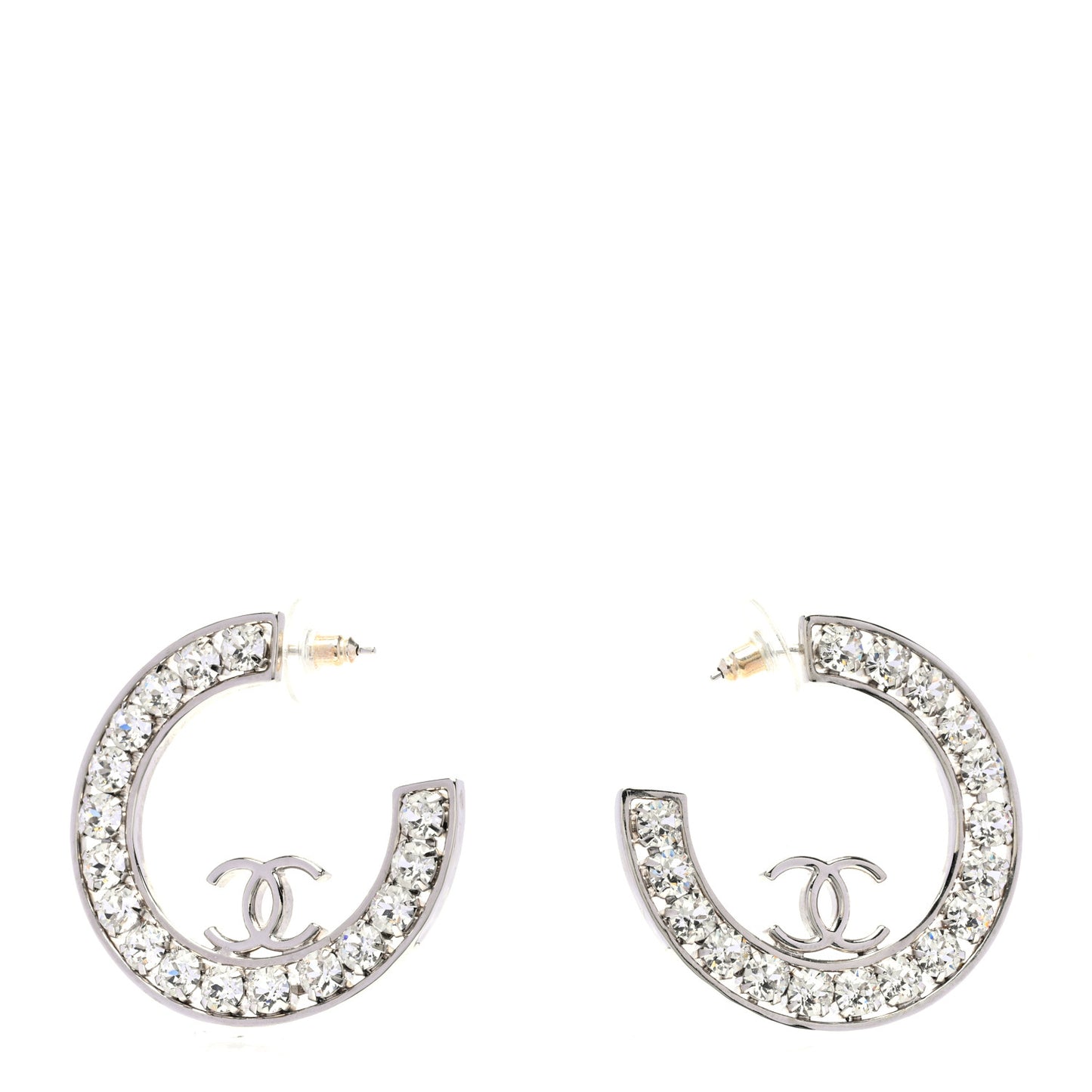Metal Crystal CC XL Hoop Earrings Silver