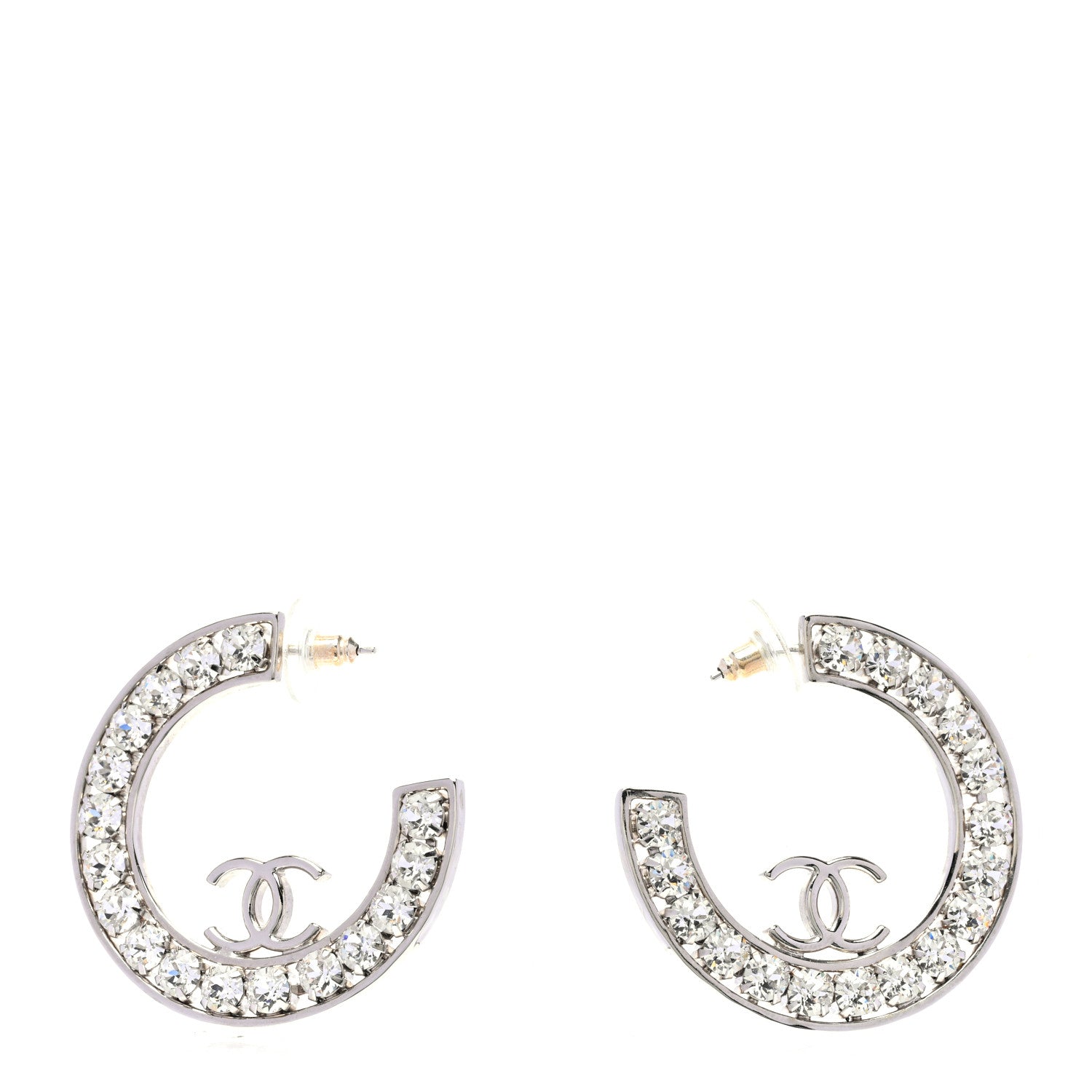 Chanel Metal Crystal CC XL Hoop Earrings Silver 1 of 5