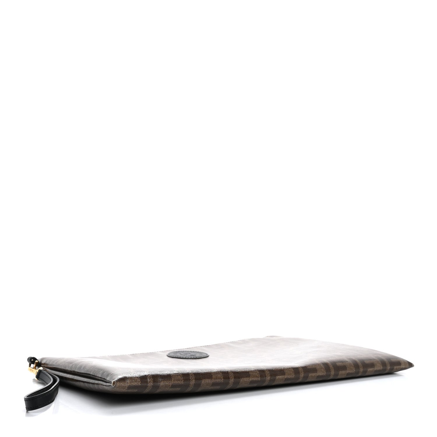 Fendi Glazed Fabric Vitello Century FF 1974 Stamp Patch Large Flat Pouch Mogano Panna Black 4 of 13