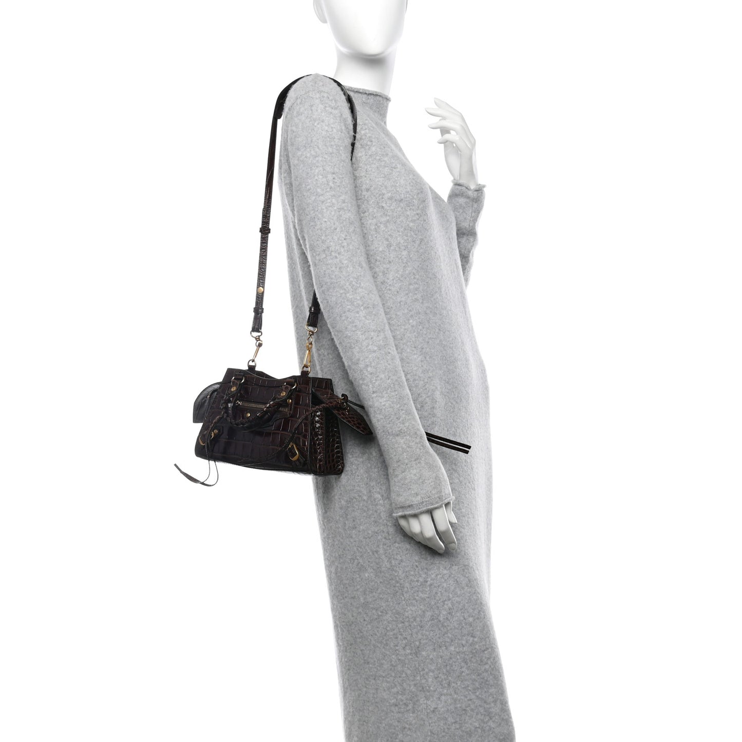 Semi Shiny Calfskin Crocodile Embossed Neo Classic Gold Hardware Mini City Dark Brown