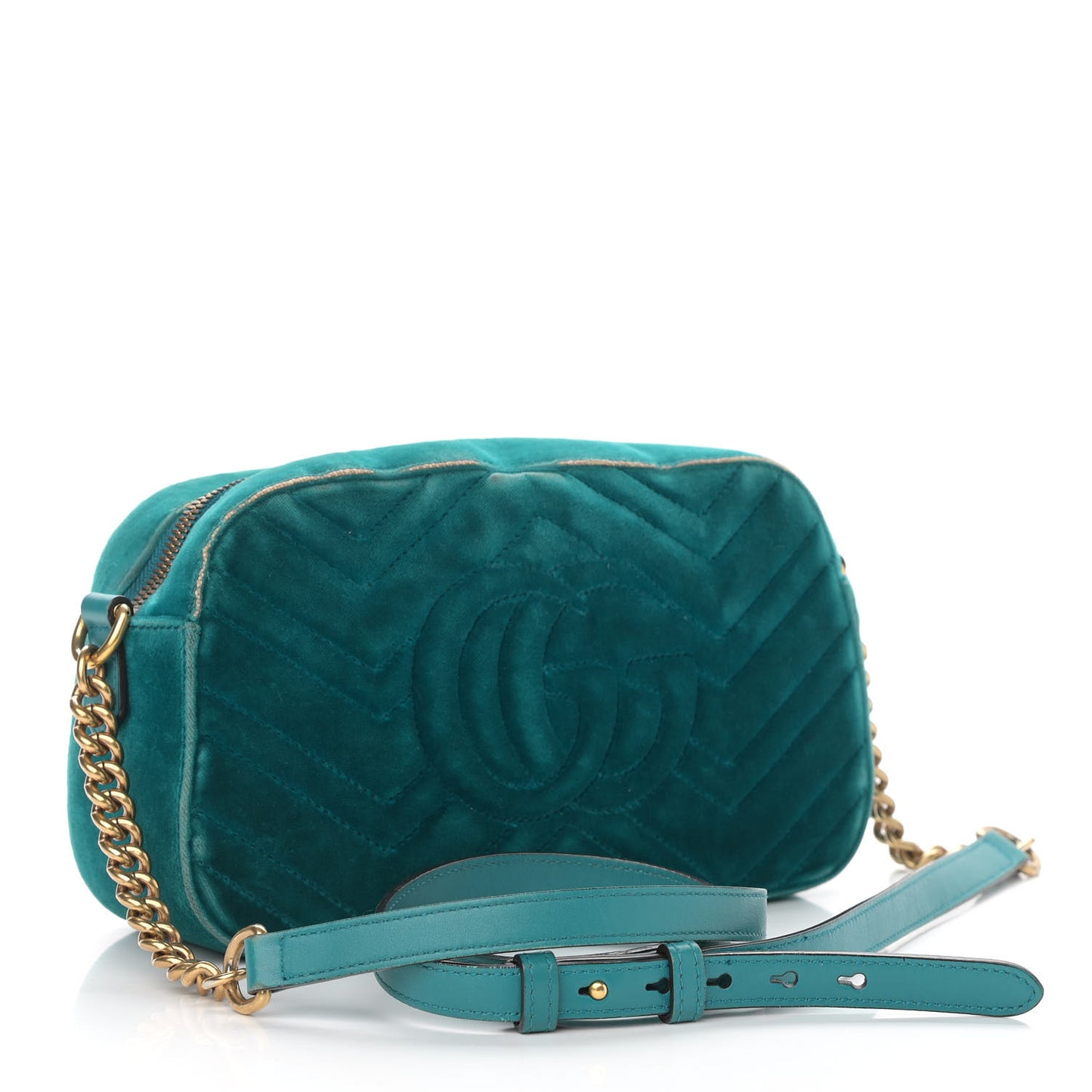 Velvet Matelasse Small GG Marmont Chain Shoulder Bag Pavone Cyan