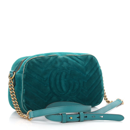 Gucci Velvet Matelasse Small GG Marmont Chain Shoulder Bag Pavone Cyan 3 of 12