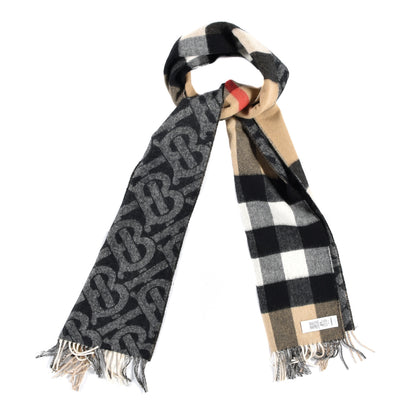 Burberry Cashmere Half Mega Check Monogram TB Reversible Fringe Scarf Black White 1 of 4