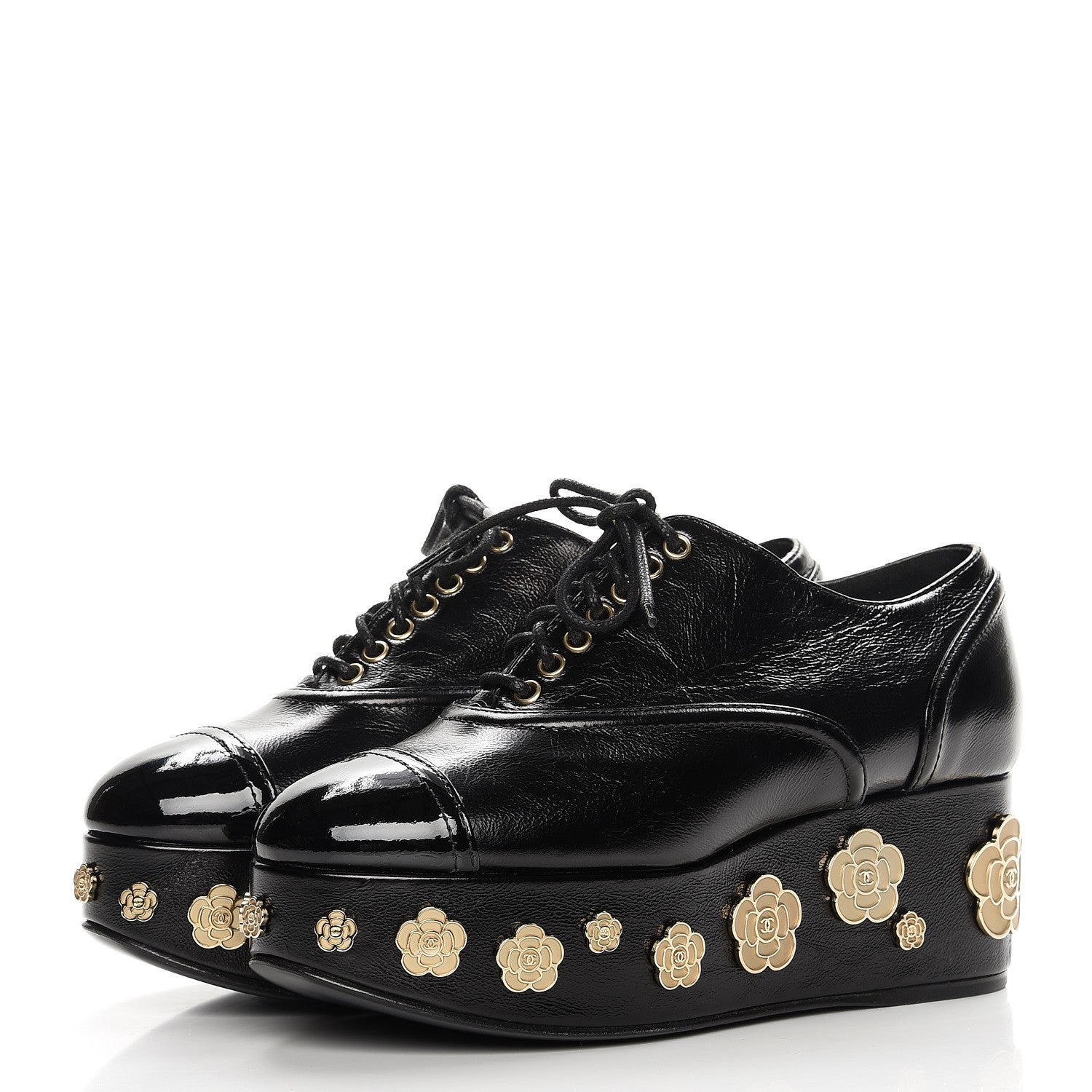 Chanel Crumpled Calfskin Lace Up Platform Oxford 35 Black 2 of 9