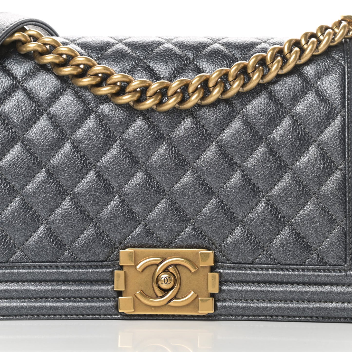 Metallic Calfskin Quilted Medium Boy Flap Dark Grey