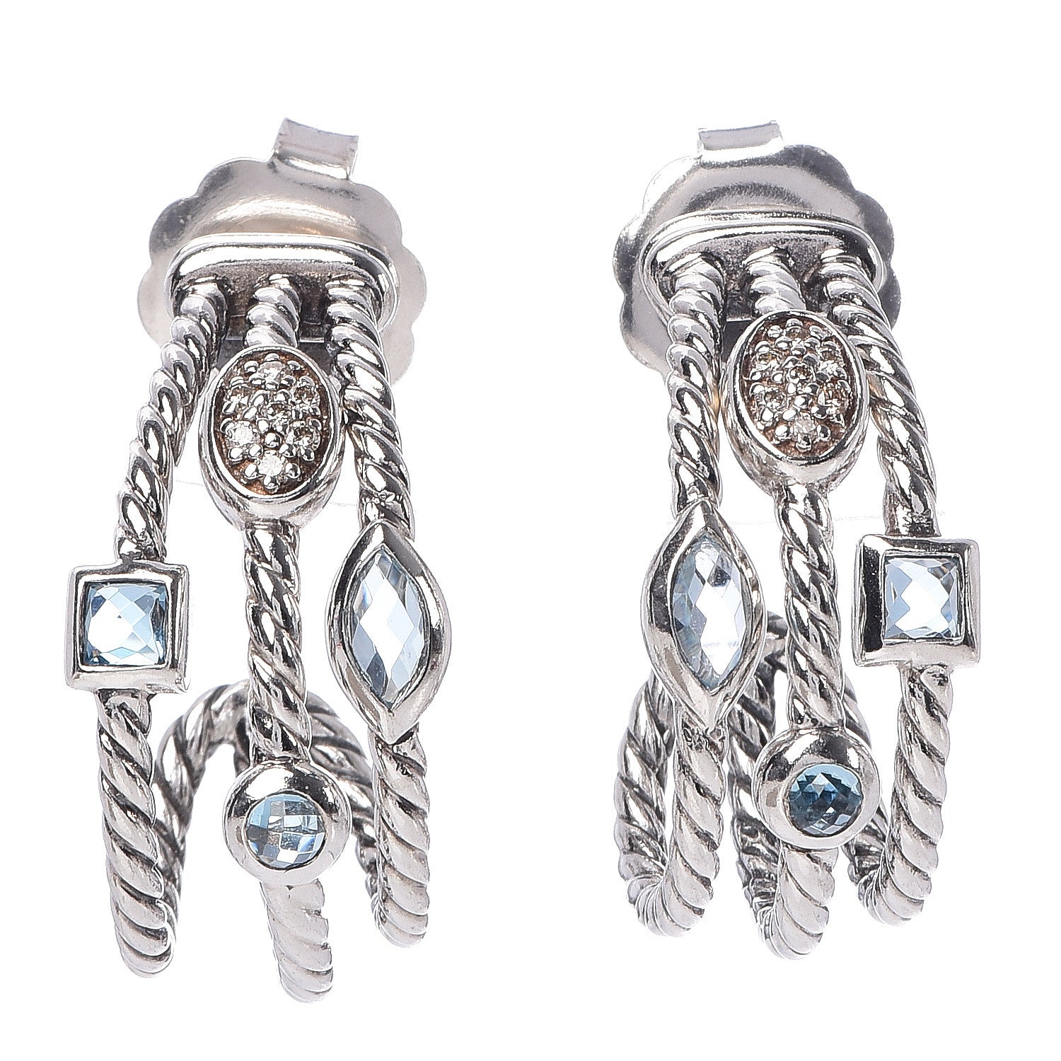 David Yurman Sterling Silver Diamond Blue Topaz Confetti 3 Row Earrings 1 of 4