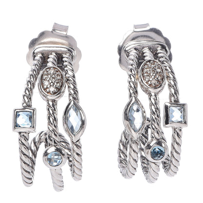 David Yurman Sterling Silver Diamond Blue Topaz Confetti 3 Row Earrings 1 of 4