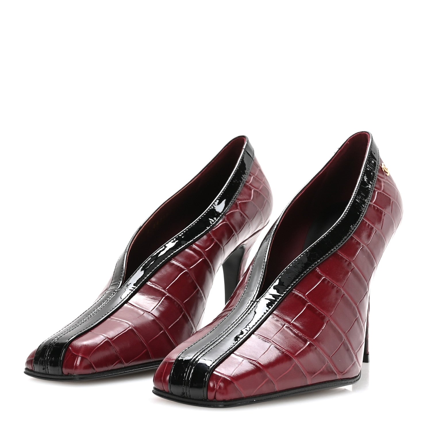 Chanel Crocodile Embossed Patent Calfskin Pumps 39 Burgundy Black 4 of 9