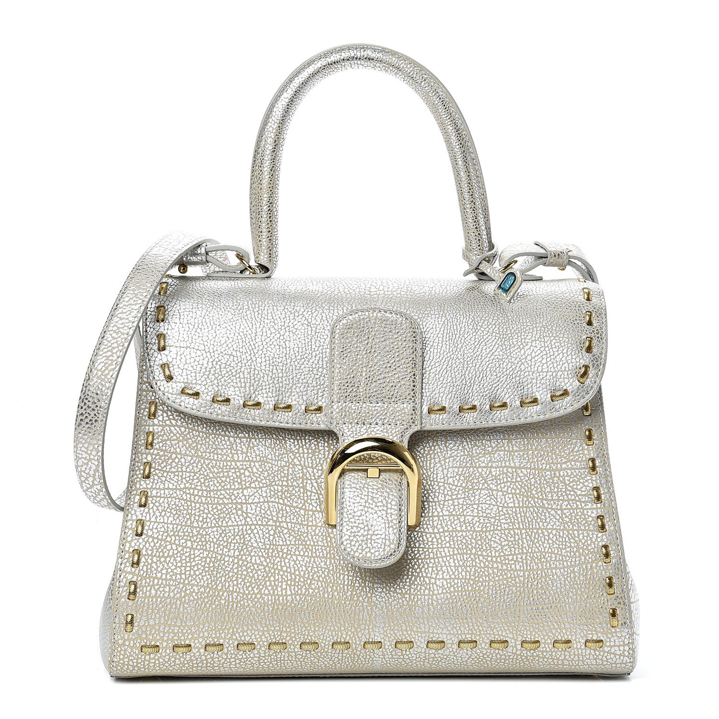 Metallic Crispy Calfskin MM Brillant Satchel Antique Silver